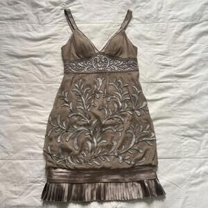 Cache champagne gold silk beaded bubble chiffon pleated hem detail mini dress